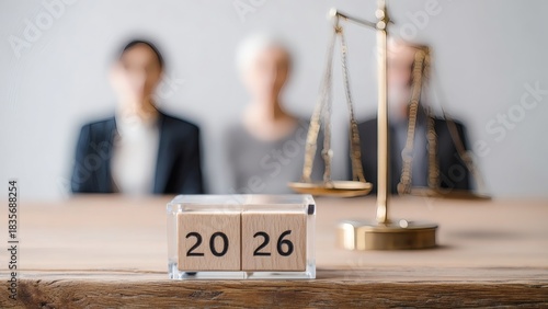 Justice scale and 2026 calendar with business people blurred