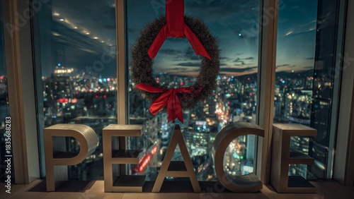Window view with PEACE letters and wreath during night