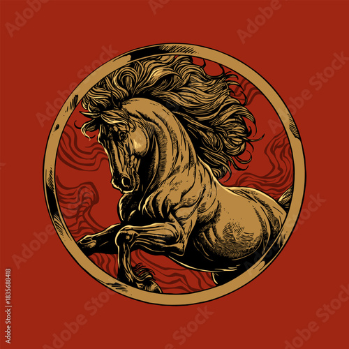 horse in circle gold frame hatching style drawing vector