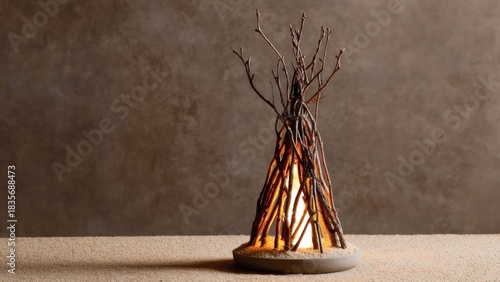 Artistic wooden campfire sculpture on plain background