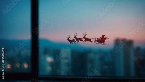 Santa and sleigh flying over city at sunset
