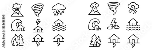 Outline symbols representing global natural disasters and extreme weather events