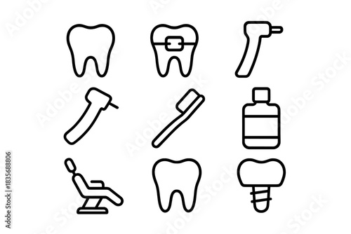 Set of dental health icons including teeth, braces, chair, toothbrush, and professional tools
