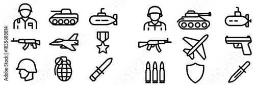 Military and Defense Icons Set Featuring Soldier, Tank, Submarine, Weapons, and Ammunition