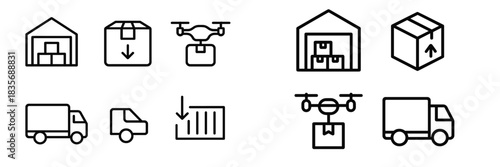 Outline symbols for logistics, delivery, warehouse, shipping boxes, drone, and transport trucks