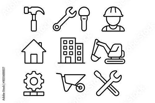 Outline symbols representing construction, home repair, and engineering tools and machinery