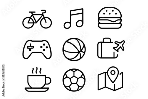 Minimalist symbols representing leisure, entertainment, food, and travel activities