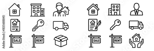 Outline real estate icons set featuring house, apartment, agent, contract, key, and sale signs
