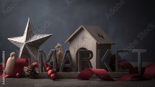 Holiday-themed market display with wooden house and star