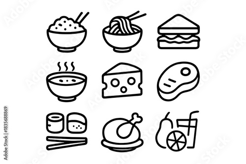 Set of diverse food icons representing various meals, ingredients, and cuisine types