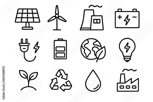 Collection of linear symbols representing renewable energy, sustainability, power, and environmental protection