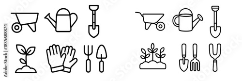 Set of essential garden tools and equipment including shovel, watering can, wheelbarrow, and gloves