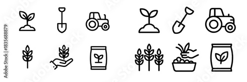 Essential farming and gardening elements including tractor, shovel, seedling, and harvest symbols
