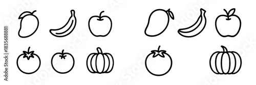 Minimalist line icons of popular fruits and vegetables including mango, banana, tomato, and pumpkin