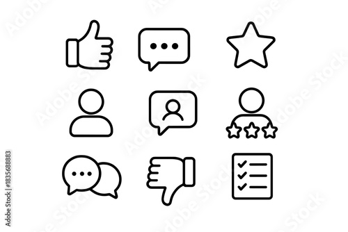 Outline icons for customer feedback, user reviews, and social media interaction