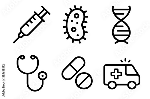 Essential medical and healthcare outline icons: syringe, DNA, bacteria, stethoscope, and ambulance