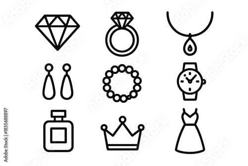 Minimalist line art set of luxury and fashion items including jewelry, perfume, and clothing