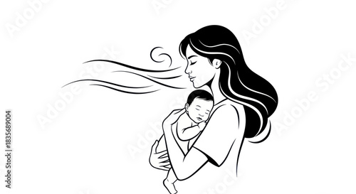 Serene mother gently holding her sleeping newborn baby illustration.