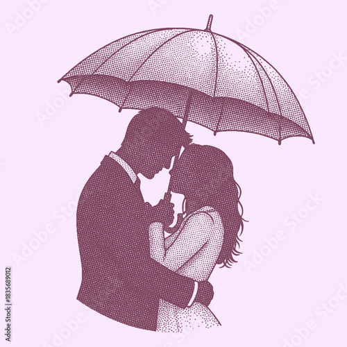 romantic couple embracing under an umbrella vintage halftone silhouette illustration