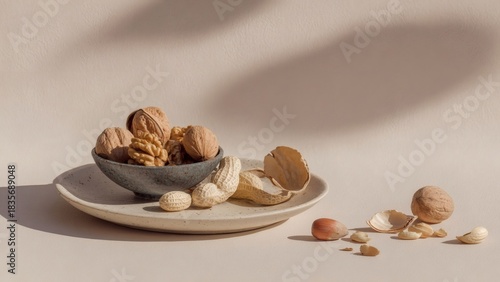 Various nuts in natural light on white plate
