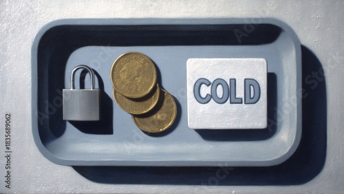 Coins near locked padlock on cold labeled tray
