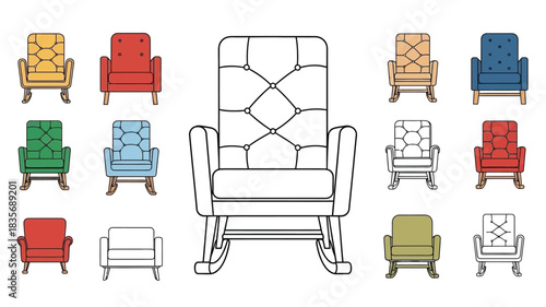 Collection of colorful outline illustrations depicting a variety of chair designs