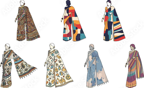Colorful artistic saree fashion illustration, abstract textile pattern designs, traditional ethnic dress styling, modern vector artwork collection, decorative fabric