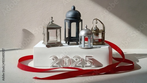 2025 date with lanterns and red ribbon on bright background