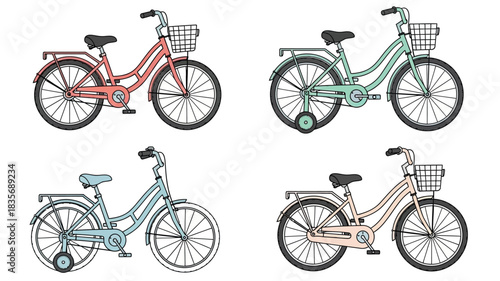 Four colorful vintage style bicycles with baskets and training wheels shown