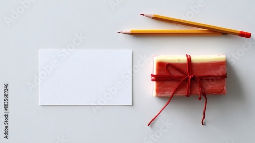 Gift box with pencils and blank cards on flat lay