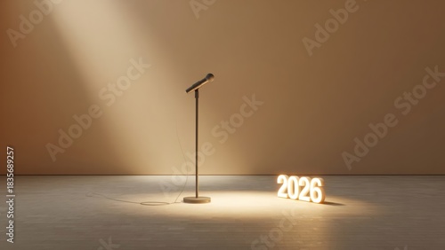 Microphone and glowing 2026 text on stage concept
