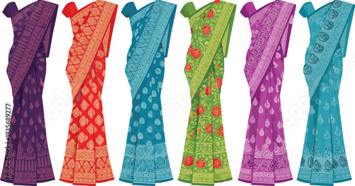 Colorful traditional sari collection, vibrant ethnic textile pattern design, Indian fashion dress illustration, detailed ornamental fabric artwork, CAD vector