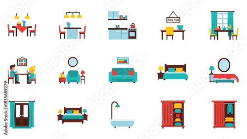 Collection of colorful flat design furniture and interior decor icons