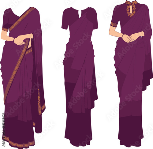 Purple saree fashion set, elegant ethnic wear design, traditional drape styles, detailed borders, cad drawing flat vector illustration