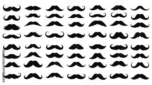 A collection of various black mustache shapes arranged in a grid pattern