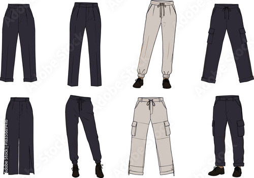 Fashion pants collection technical flat sketch, casual joggers and cargo trousers set, detailed garment design, cad drawing flat vector illustration