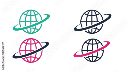 Four colorful globe icons with orbiting rings representing global connection
