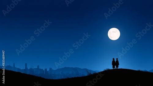 Silhouetted couple standing under full moon at night