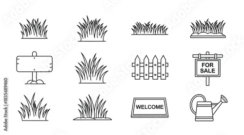 Line art illustration of grass patches signs and gardening tools
