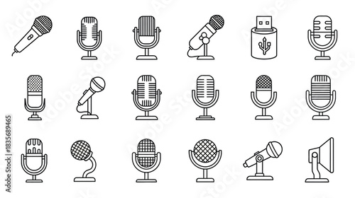 A collection of various vintage and modern microphone outlines in black and white