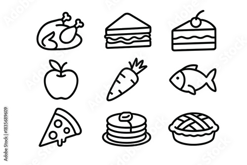 Outline icons set depicting various food groups including meat, produce, and desserts