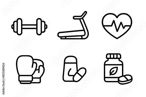 Outline symbols for fitness, gym equipment, physical activity, and health supplements