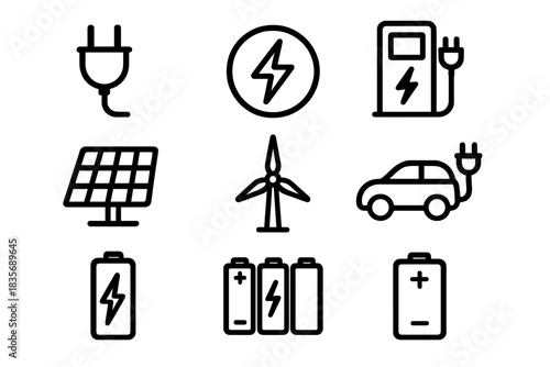 Nine outline icons for renewable energy sources and electric vehicle charging infrastructure