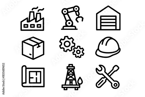 Industrial manufacturing and engineering symbols featuring factory, robotic arm, and tools