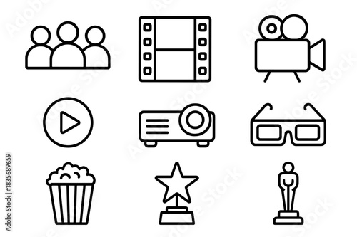 Outline elements representing cinema, movie production, entertainment, and awards ceremony