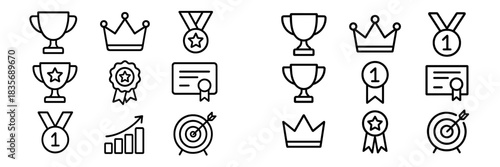 Outline icons set for success, achievement, winning, awards, and business goals