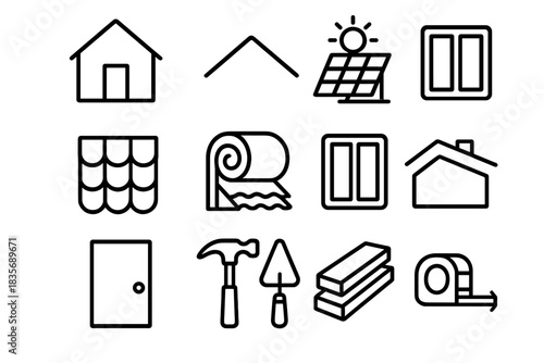 Home construction and repair symbols including roofing, materials, and tools