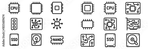 Outline symbols of essential computer hardware components including processors, memory, and storage devices
