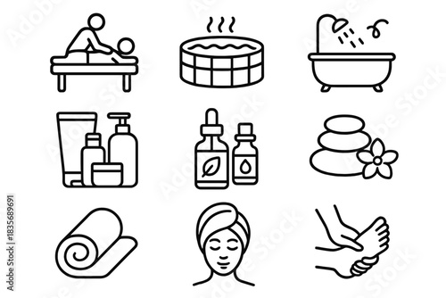 Minimalist line symbols for spa treatments, wellness, relaxation, and beauty care services