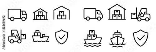 Logistics and global transportation symbols including warehouse, truck, ship, and security